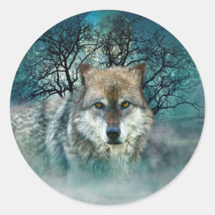 Wolf Full Moon in mist Ronde Sticker