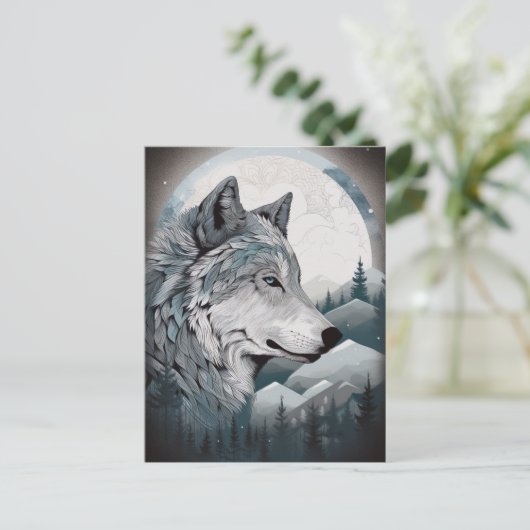 Wolf Full Moon Mountains Fantasy Art Briefkaart (Staand voorkant)