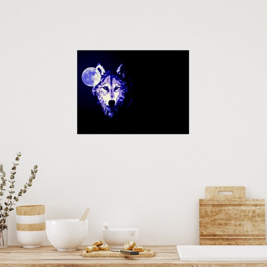 Wolf Fullmoon Blue Black Poster (Keuken)
