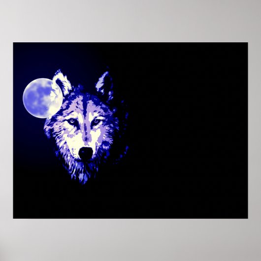 Wolf Fullmoon Blue Black Poster (Voorkant)