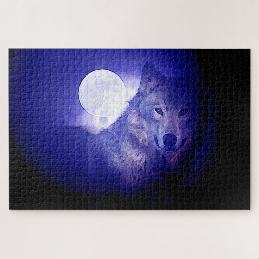 Wolf Fullmoon en Blue Night - Wilde dieren Art Legpuzzel (Horizontaal)