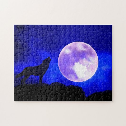 Wolf Fullmoon en Blue Night - Wilde dieren Art Legpuzzel (Horizontaal)