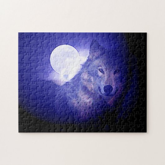 Wolf Fullmoon en Blue Night - Wilde dieren Art Legpuzzel (Horizontaal)