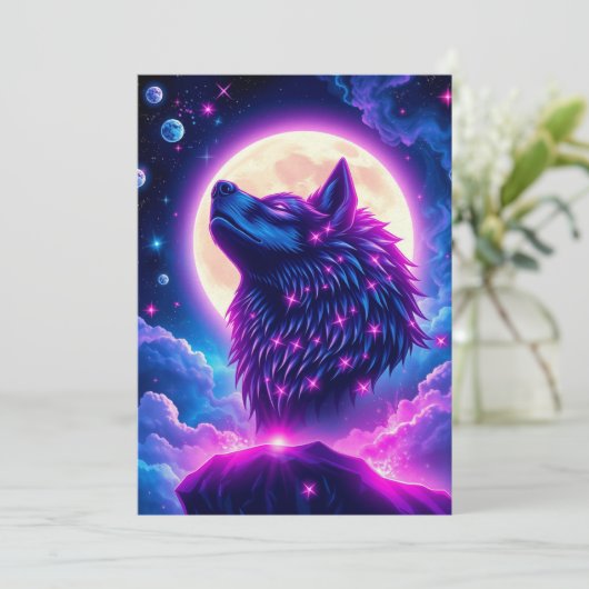 Wolf Galaxy Stars Cosmic Birthday Party Invitation Kaart (Staand voorkant)