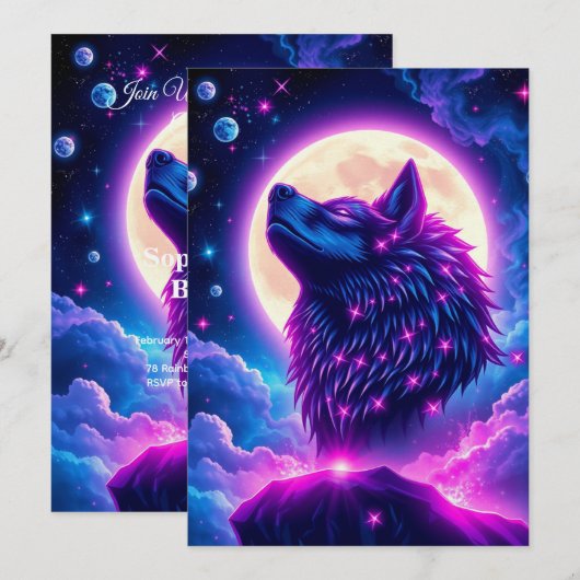 Wolf Galaxy Stars Cosmic Birthday Party Invitation Kaart (Voorkant / Achterkant)