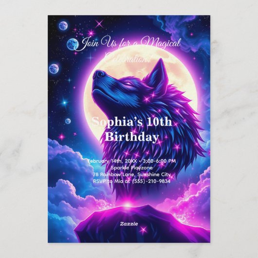 Wolf Galaxy Stars Cosmic Birthday Party Invitation Kaart (Achterkant)