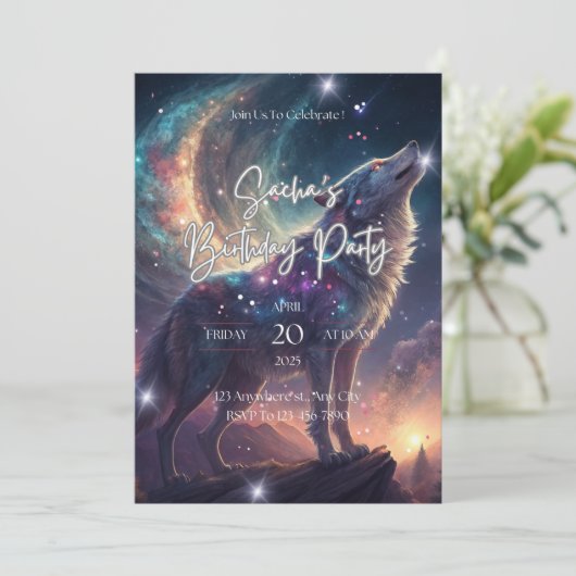 Wolf Galaxy Stars Kosmisch Verjaardagsfeest Kaart (Staand voorkant)