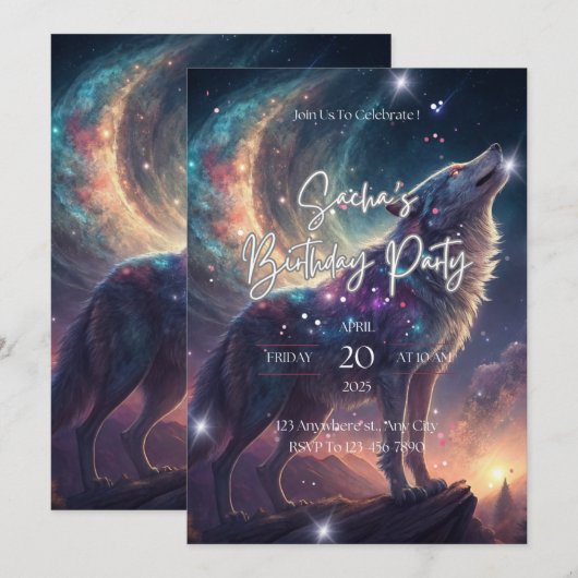 Wolf Galaxy Stars Kosmisch Verjaardagsfeest Kaart (Voorkant / Achterkant)