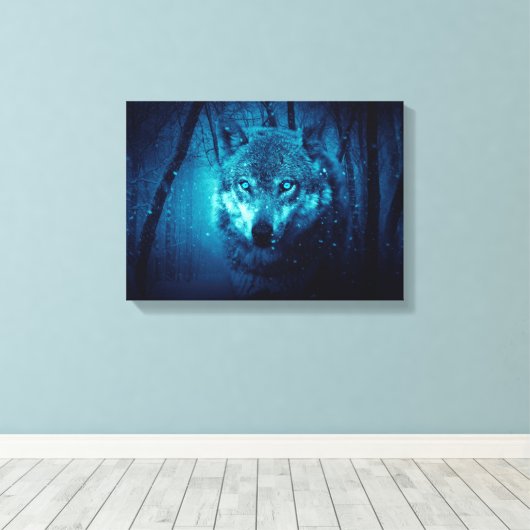 Wolf gezicht in donker fantasiebos canvas afdruk (Insitu (Houten vloer))