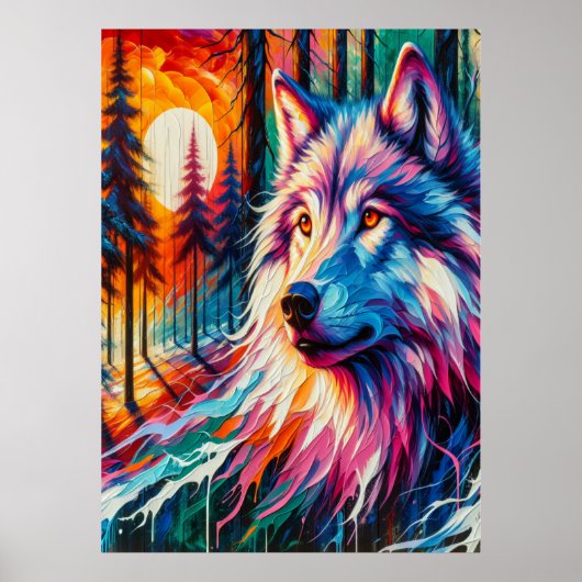 Wolf Gezicht met Zon & Bos | Poster (Voorkant)