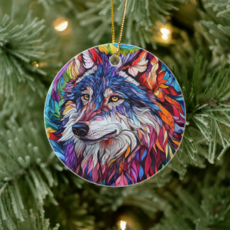 Wolf Glas in lood Keramische Boomdecoratie Keramisch Ornament