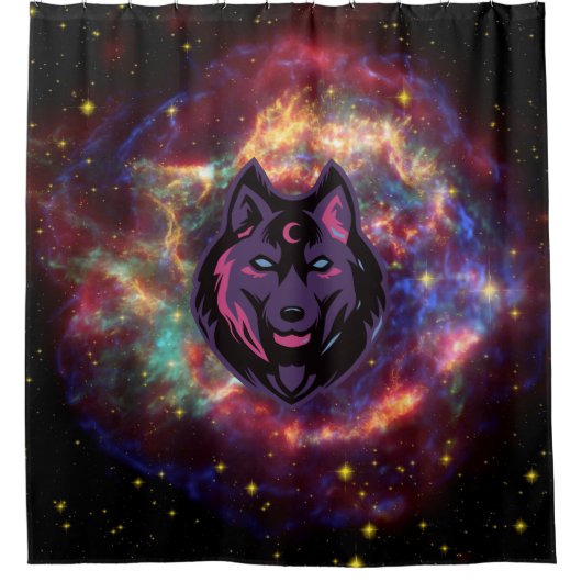 Wolf Graphic Artwork, Paarse kosmische achtergrond Douchegordijn (Voorkant)