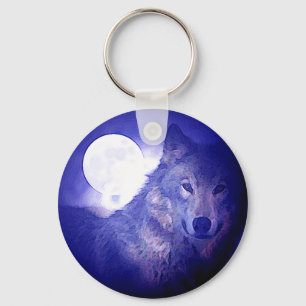 Wolf Head, Blue Night & Moon Sleutelhanger
