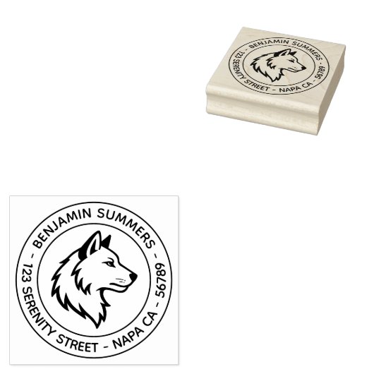 Wolf Head Profile Round Address Rubberstempel (Gestempeld)