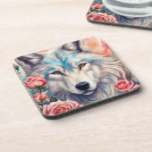 Wolf Head Roze Rozen Dier Wildlife Schilderen Bier Onderzetter (Linkerzijde)