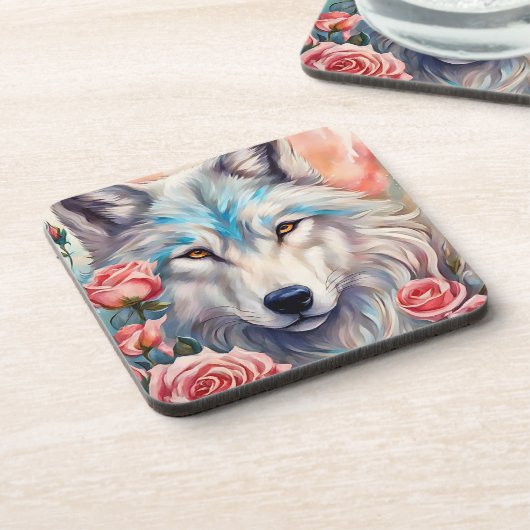 Wolf Head Roze Rozen Dier Wildlife Schilderen Bier Onderzetter (Linkerzijde)