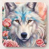 Wolf Head Roze Rozen Dier Wildlife Schilderen Bier Onderzetter (Voorkant)