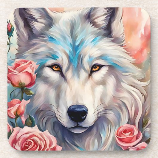 Wolf Head Roze Rozen Dier Wildlife Schilderen Bier Onderzetter (Voorkant)
