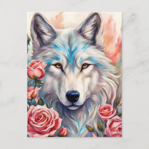 Wolf Head Roze Rozen Dier Wildlife Schilderen Briefkaart