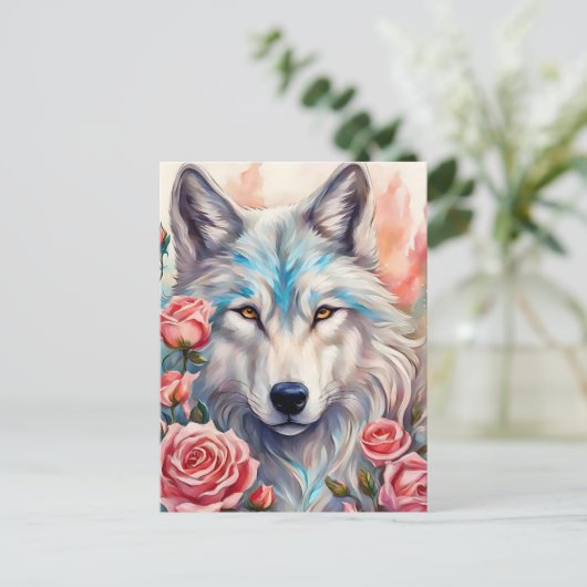 Wolf Head Roze Rozen Dier Wildlife Schilderen Briefkaart (Staand voorkant)
