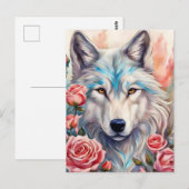 Wolf Head Roze Rozen Dier Wildlife Schilderen Briefkaart (Voorkant / Achterkant)
