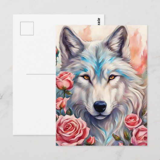 Wolf Head Roze Rozen Dier Wildlife Schilderen Briefkaart (Voorkant / Achterkant)