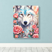Wolf Head Roze Rozen Dier Wildlife Schilderen Canvas Afdruk (Insitu (Houten vloer))