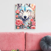 Wolf Head Roze Rozen Dier Wildlife Schilderen Canvas Afdruk (Insitu (Woonkamer))