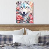 Wolf Head Roze Rozen Dier Wildlife Schilderen Canvas Afdruk (Insitu (Slaapkamer))