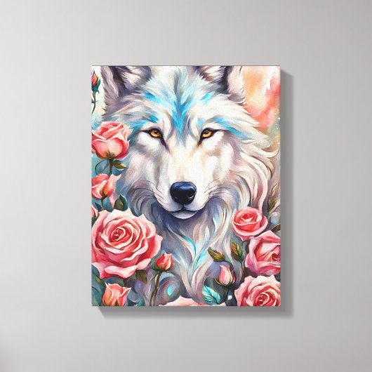 Wolf Head Roze Rozen Dier Wildlife Schilderen Canvas Afdruk (Voorkant)