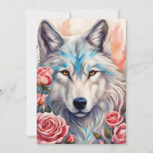 Wolf Head Roze Rozen Dier Wildlife Schilderen Feestdagenkaart