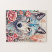 Wolf Head Roze Rozen Dier Wildlife Schilderen Legpuzzel (Horizontaal)