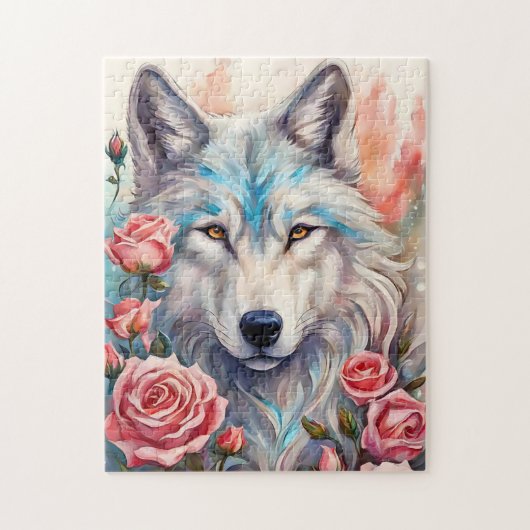 Wolf Head Roze Rozen Dier Wildlife Schilderen Legpuzzel (Verticaal)