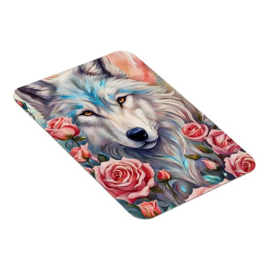 Wolf Head Roze Rozen Dier Wildlife Schilderen Magneet (Rechterzijde)