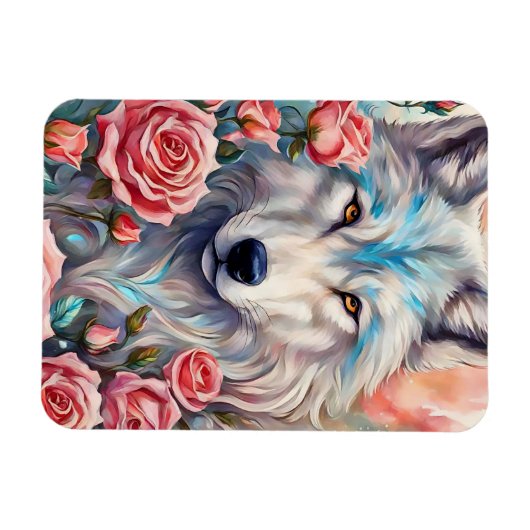 Wolf Head Roze Rozen Dier Wildlife Schilderen Magneet (Horizontaal)