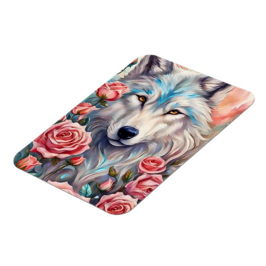 Wolf Head Roze Rozen Dier Wildlife Schilderen Magneet (Linkerzijde)