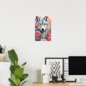 Wolf Head Roze Rozen Dier Wildlife Schilderen Poster (Thuiskantoor)