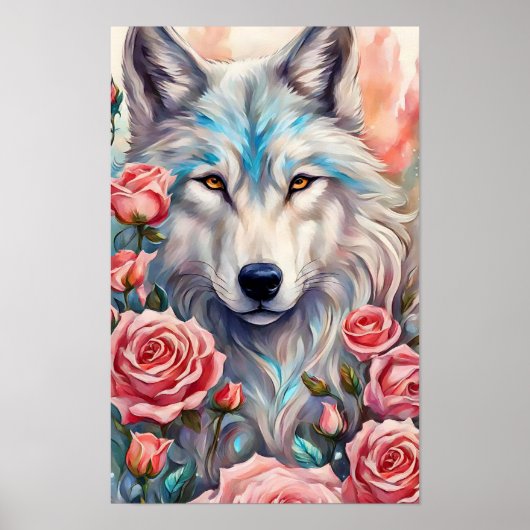 Wolf Head Roze Rozen Dier Wildlife Schilderen Poster (Voorkant)