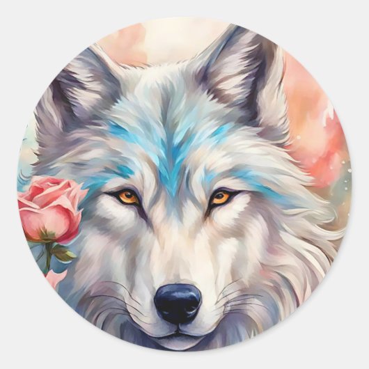 Wolf Head Roze Rozen Dier Wildlife Schilderen Ronde Sticker (Voorkant)