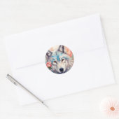 Wolf Head Roze Rozen Dier Wildlife Schilderen Ronde Sticker (Envelop)