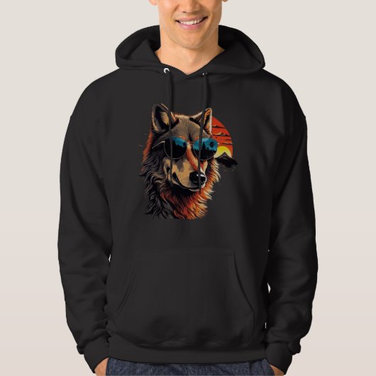 Wolf hond met zonnebril in de zonsondergang cadeau hoodie (Voorkant)