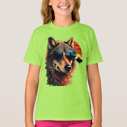 Wolf hond met zonnebril in de zonsondergang cadeau t-shirt (Voorkant)