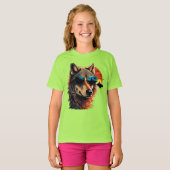 Wolf hond met zonnebril in de zonsondergang cadeau t-shirt (Voorkant volledig)