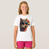 Wolf hond met zonnebril in de zonsondergang cadeau t-shirt (Voorkant volledig)