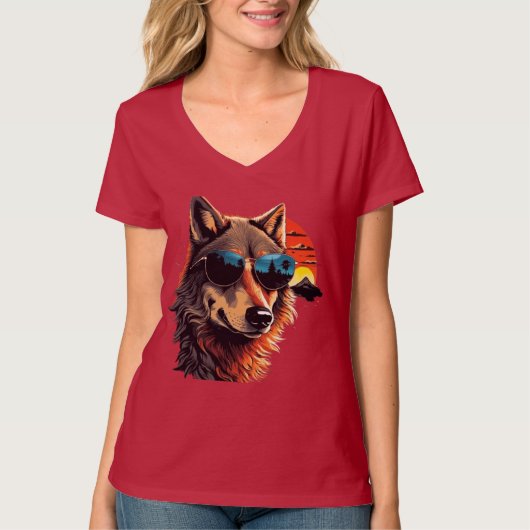 Wolf hond met zonnebril in de zonsondergang cadeau t-shirt (Voorkant)