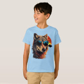 Wolf hond met zonnebril in de zonsondergang cadeau t-shirt (Voorkant volledig)