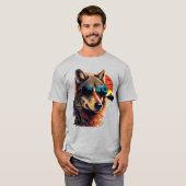 Wolf hond met zonnebril in de zonsondergang cadeau t-shirt (Voorkant volledig)