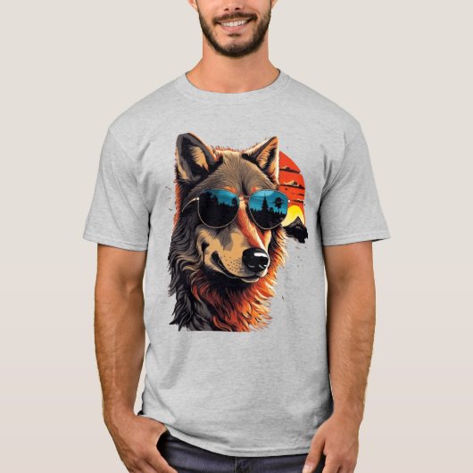 Wolf hond met zonnebril in de zonsondergang cadeau t-shirt (Voorkant)