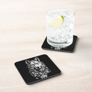 wolf hoofd bladeren dier originele kunst tekening bier onderzetter