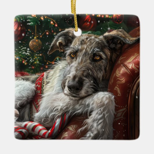 Wolf Hound Hond Kerst Feestelijk Keramisch Ornament (Voorkant)